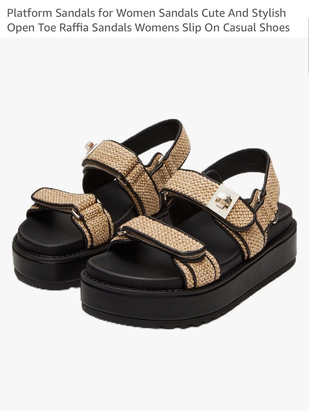 Woven Raffia Platform Sandals - Black & Natural